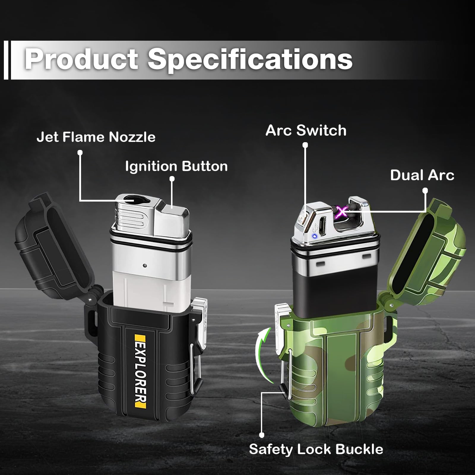 Laffizz 2 Pack Waterproof Lighter Outdoor Windproof Torch Lighters Dual Arc