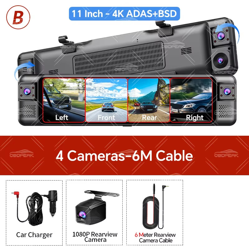 4CH 11 Inch 4K+1K+1K+1K Rearview Mirror 360° Dash Cam ADAS BSD WiFi Night Vision
