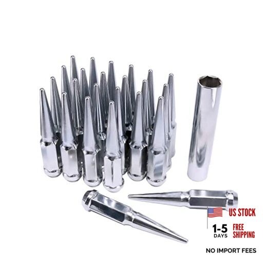 New Wheel Spike Lug Nuts (24pcs) with 1 Socket Key Chrome 14×1.5 4.5 Tall 6