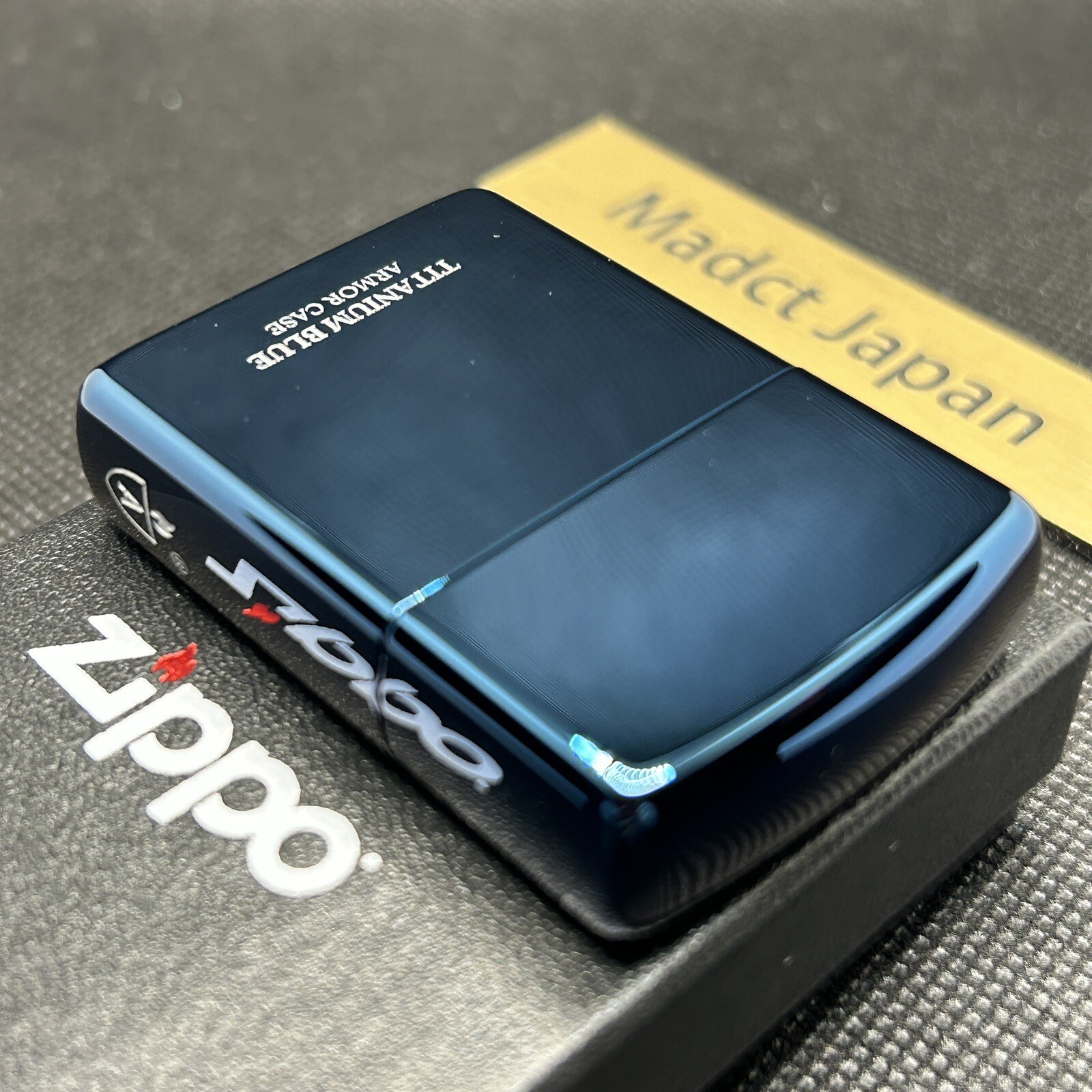 Zippo Armor Case Titanium Blue Side Logo Oil Lighter Etching Brass Japan New