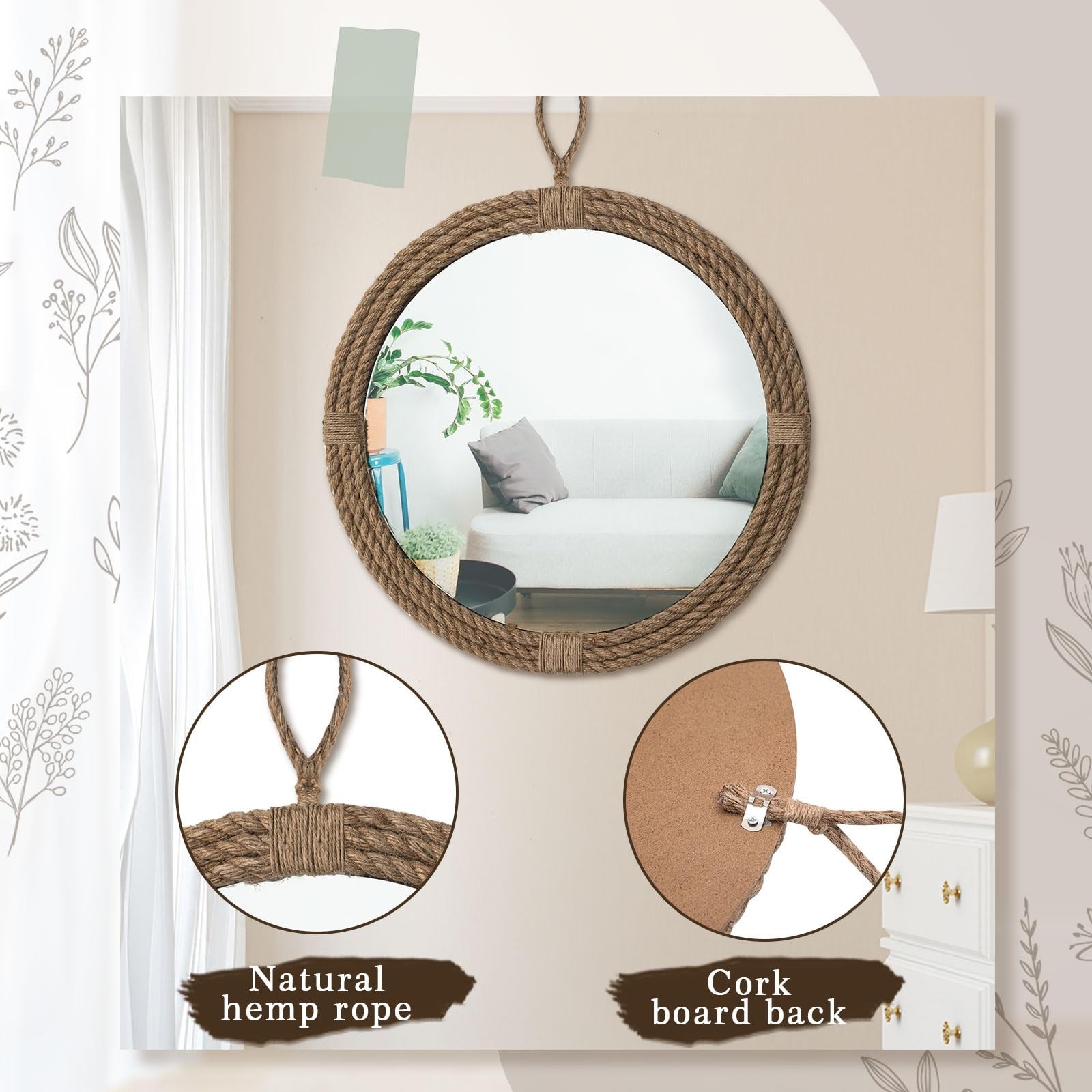 Nautical Mirror 24 Wall Decor with Rope Wrapped Trim and Hanging Loop Round C…