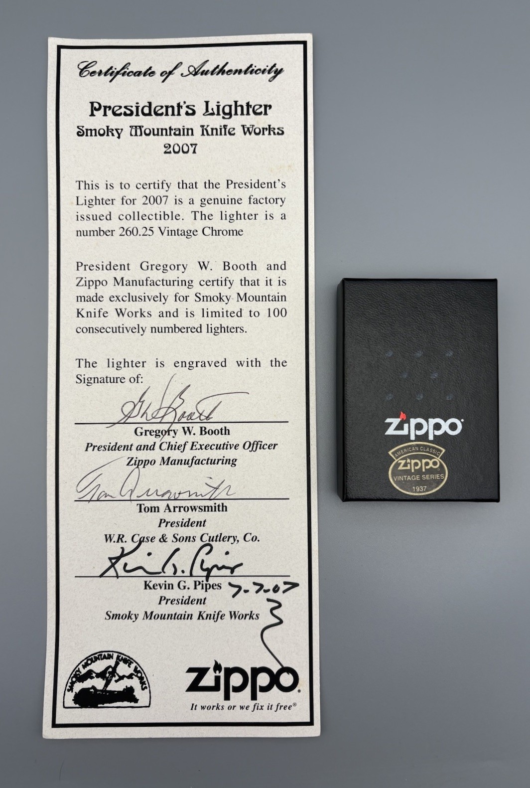2007 Zippo Case XX SMKW President’s Lighter serial #51/100 and COA