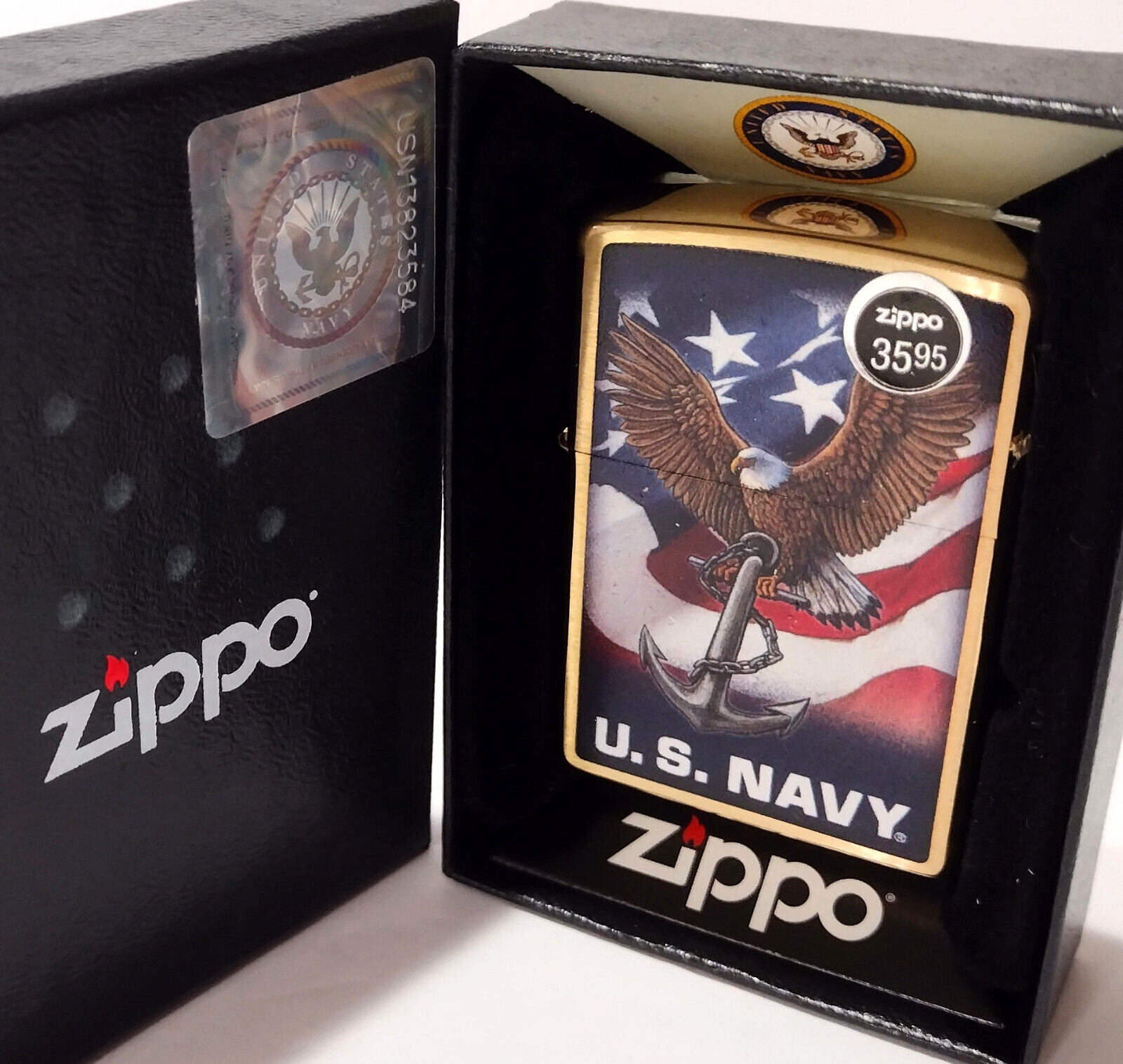 Zippo Windproof Lighter Made In U.S.A. Gold Brass Flag Bald Eagle US Navy Z48549