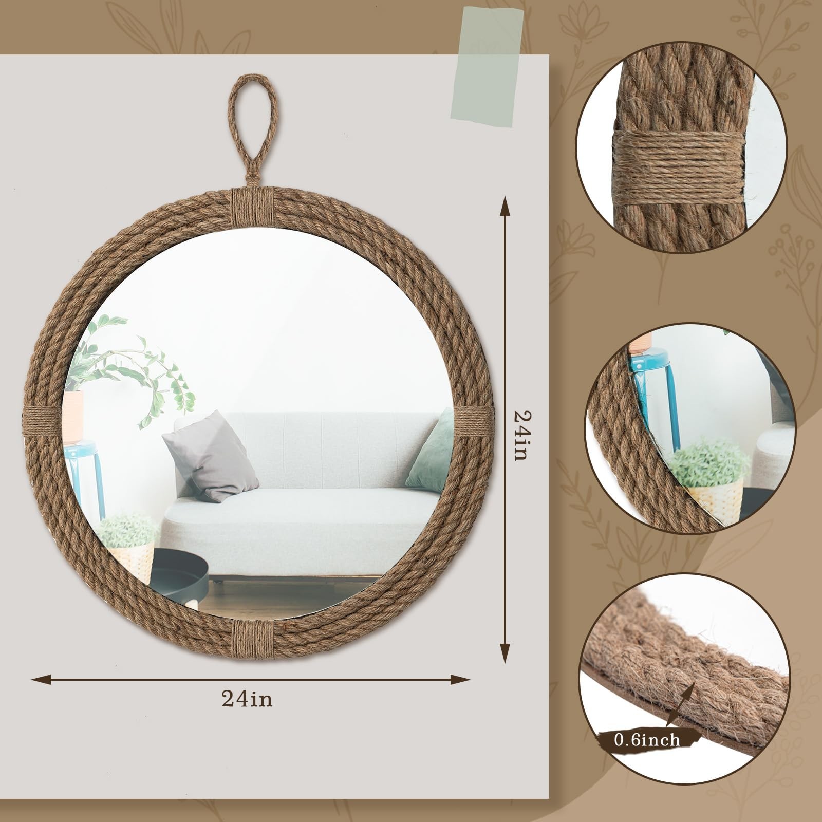 Nautical Mirror 24 Wall Decor with Rope Wrapped Trim and Hanging Loop Round C…