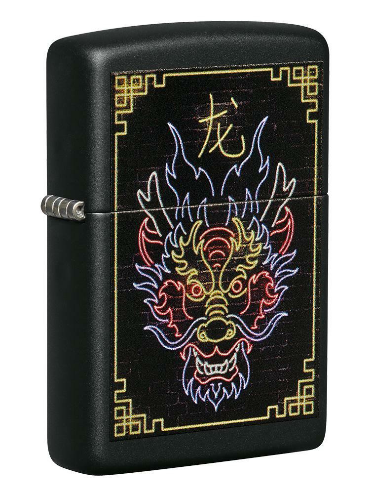 Zippo Windproof Neon Chinese Dragon on a Black Matte Lighter, 49396, New In Box