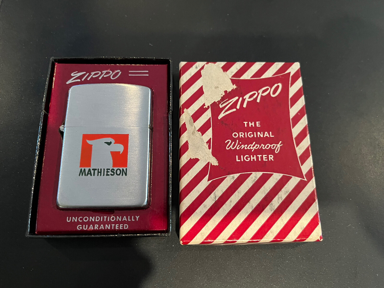 NOS Zippo Vintage 1953-1954 Mathieson Logo Pat. 2517191 & Pat. Pend Candy Stripe