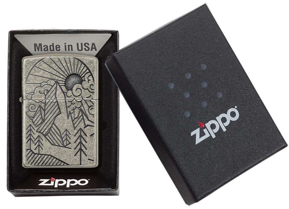 Zippo Armor® Antique Silver Mountain Design Windproof Pocket Lighter, 28973-0…