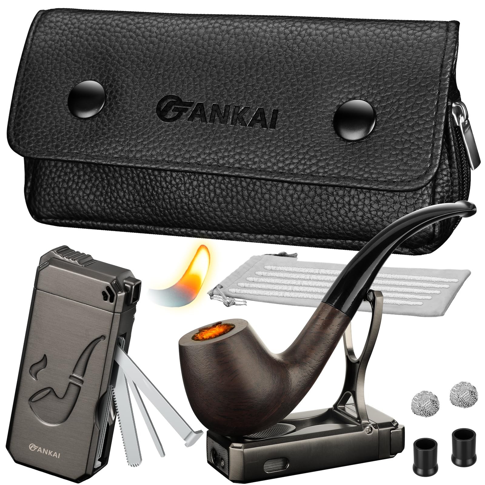 Fankai Pipe Set Complete Wood Pipe Kit Butane Lighter Stand 3 In 1 Cleaning