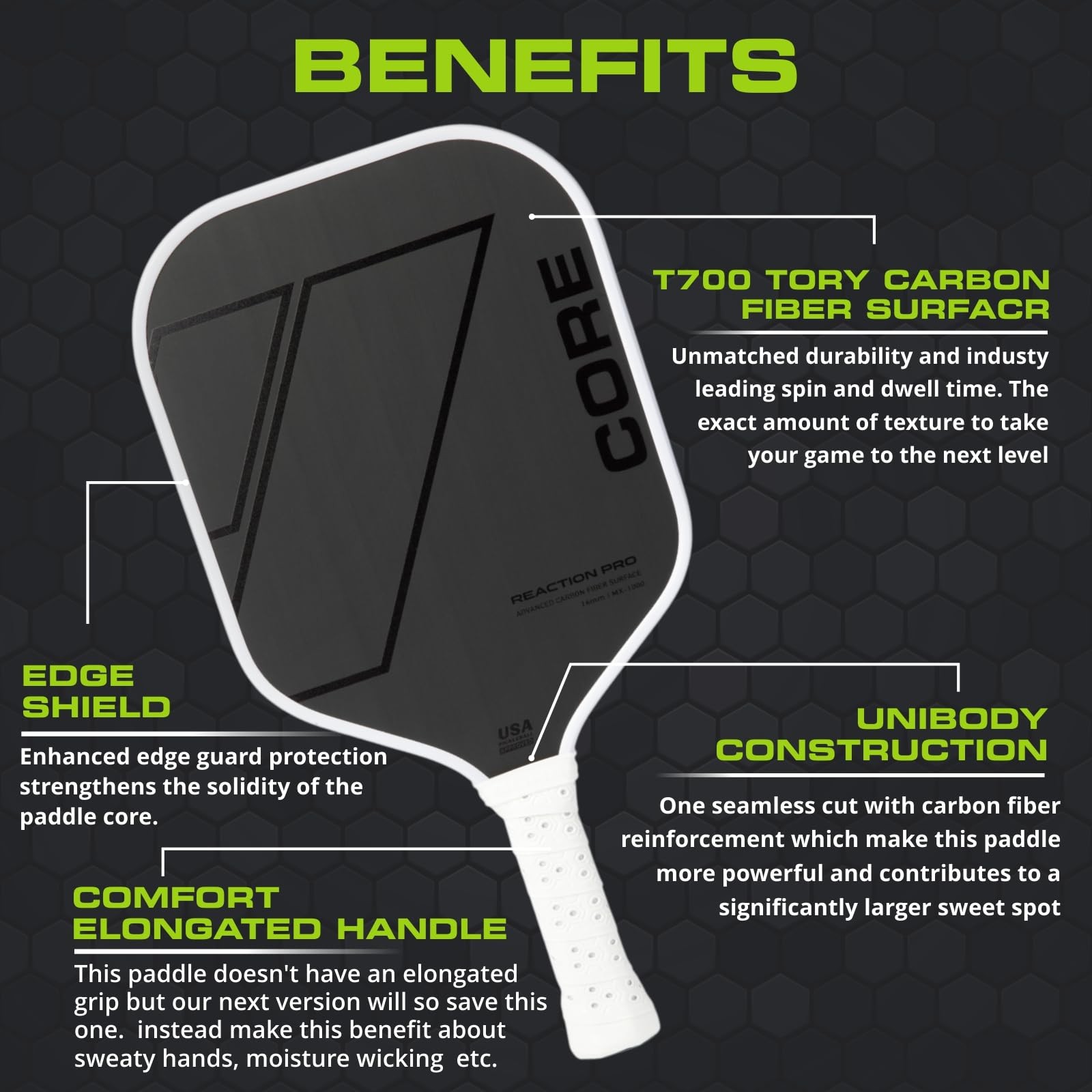 CORE Carbon Fiber Pickleball Paddle MX-1000 w/ Cover 16mm – USAPA Approved