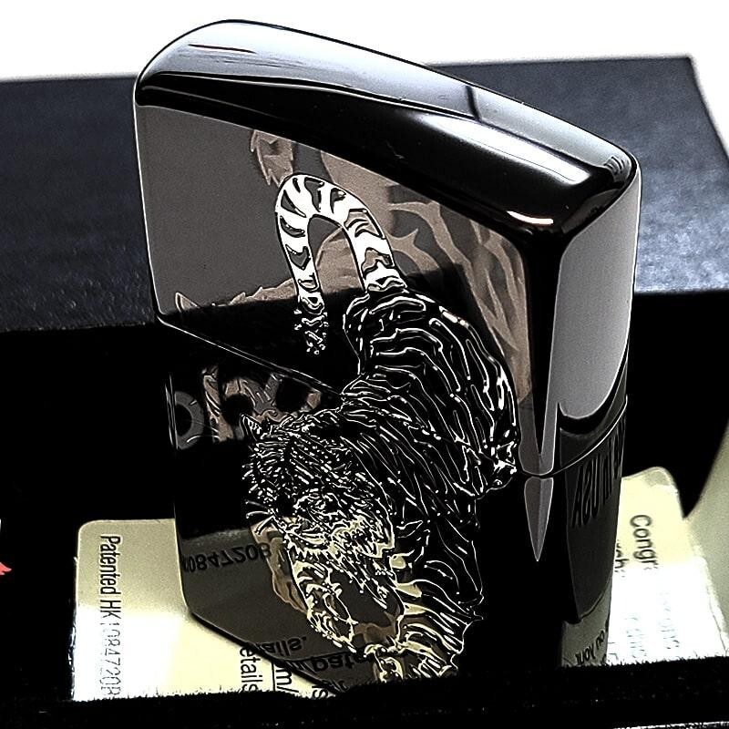 Zippo Tiger Etching Laser Engraving Black Nickel & Silver Regular Lighter Japan