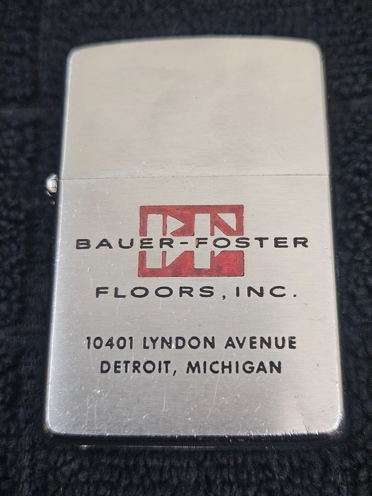Vintage Bauer – Foster Floors Inc. Zippo – 1960 – brushed chrome – used