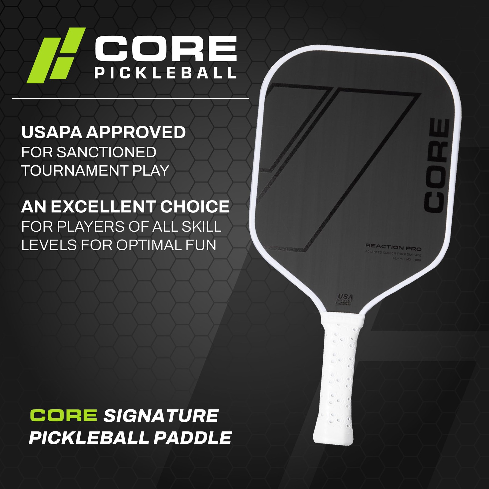CORE Carbon Fiber Pickleball Paddle MX-1000 w/ Cover 16mm – USAPA Approved
