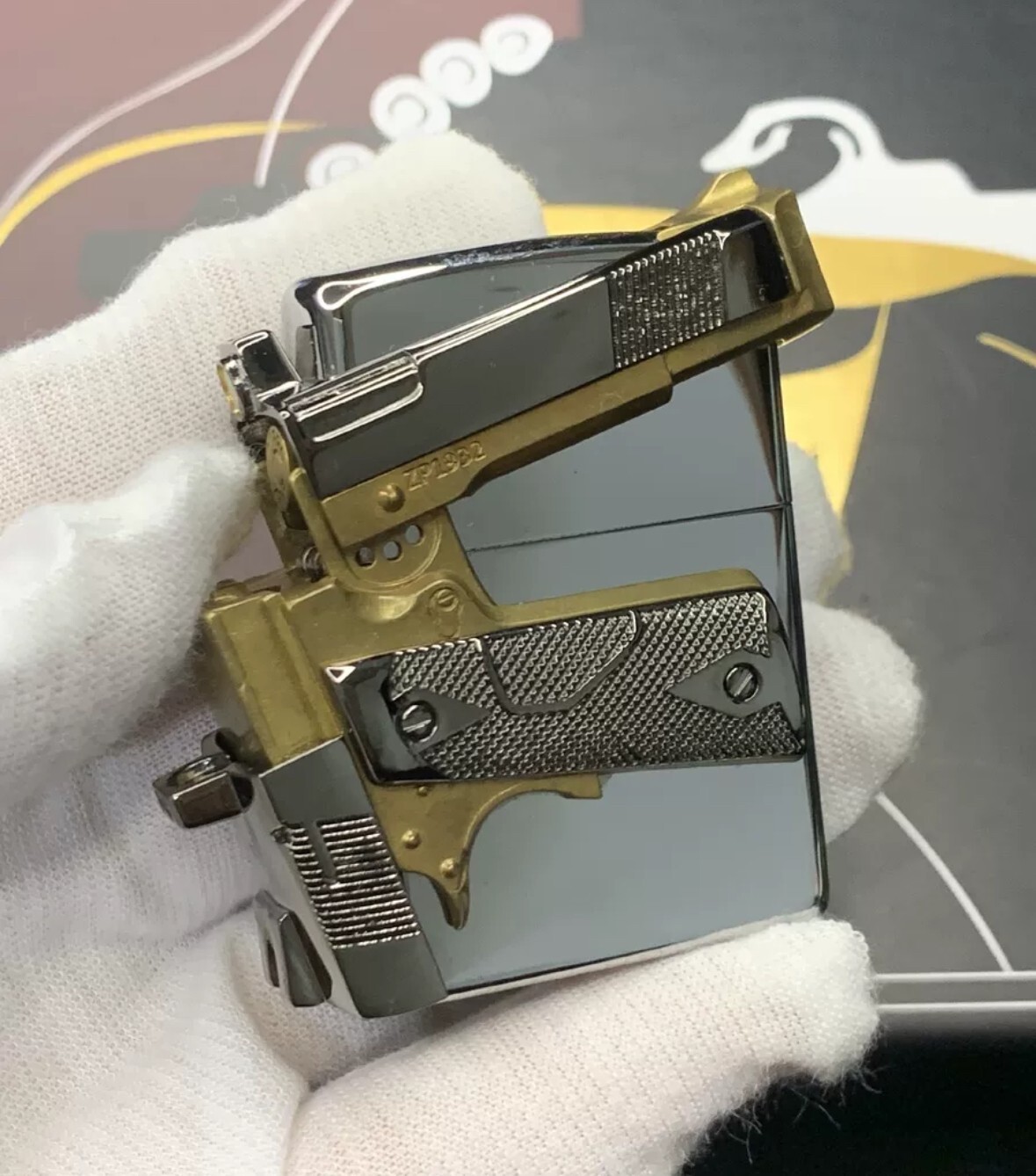 New Zippo oil Lighter Gun gold silver with box