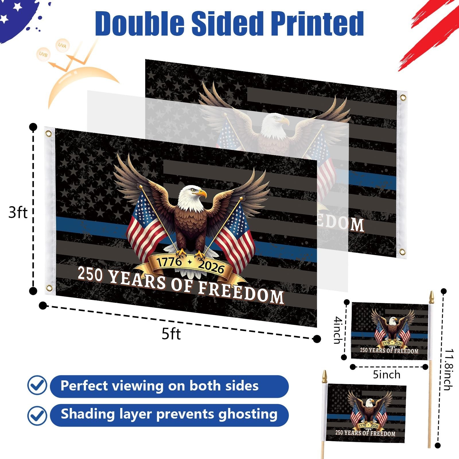 3Pcs 250th anniversary usa Flag 3×5（Includes two hand-waving flags）