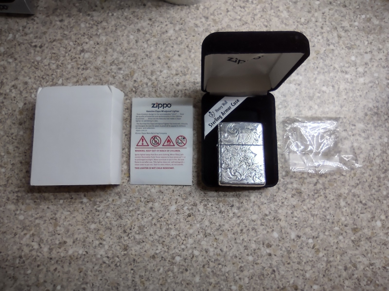 Zippo – Solid Sterling Silver – Armoured Case Unique Dragon Carved New & Unused