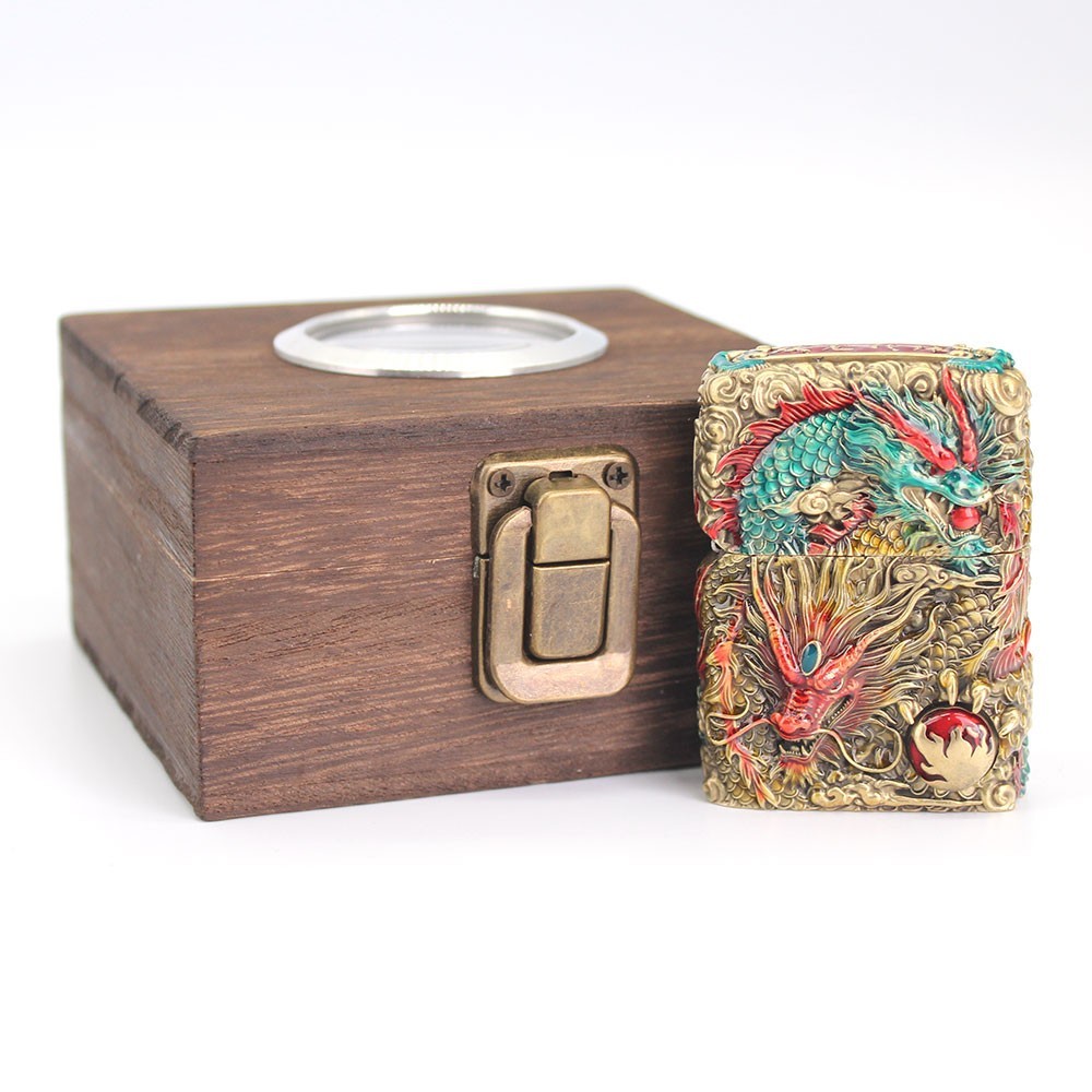 Zippo lighter Asia Full Cover Custom/ 3D Double Dragon Bite Cintamani Wooden Box