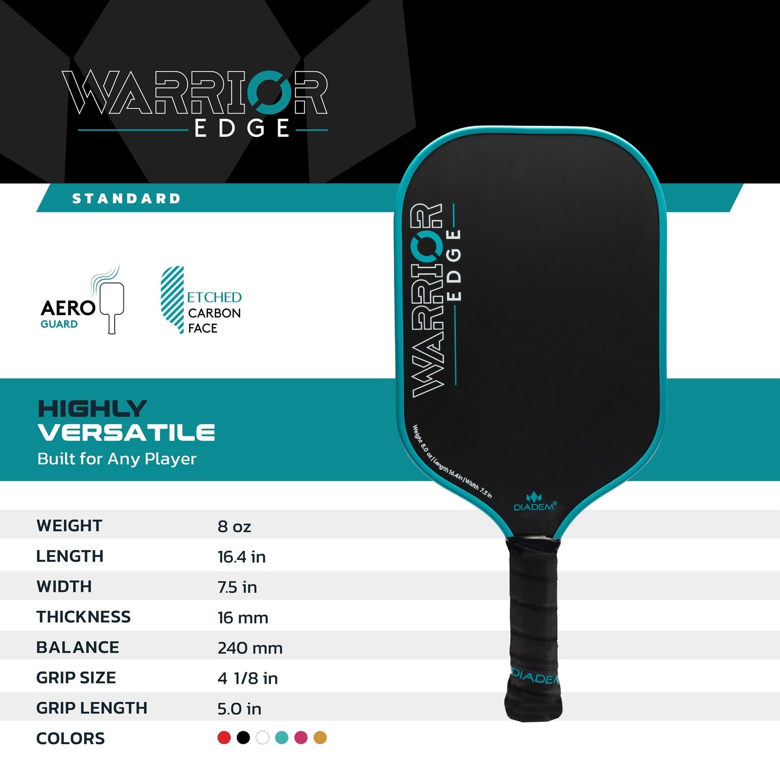 Diadem Sports Diadem Warrior Edge Pickleball Carbon Face For Max Spin 16Mm Aero
