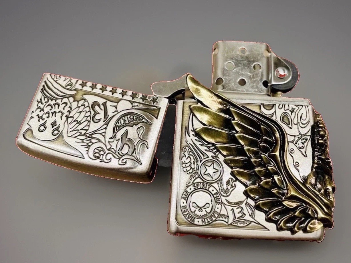 Zippo Lighter Fortune Head Lucky Owl Crown Skull 3 Sided Metal Gold Silver Brass
