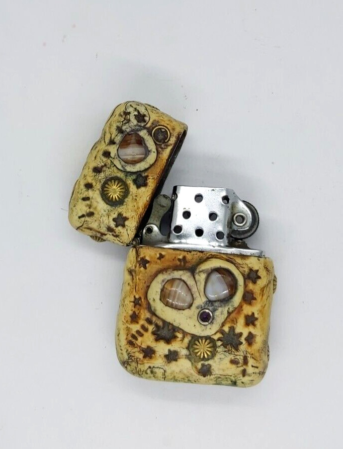 Ancient African Zippo Lighter With Bone Case Decorated Enamel Brass & Seashell