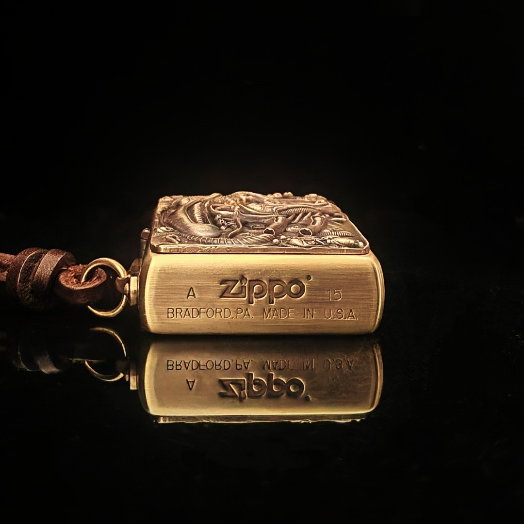 Zippo Brushed Brass Lighter with 3D Alien Biomech Welded Emblem & Keychain Loop
