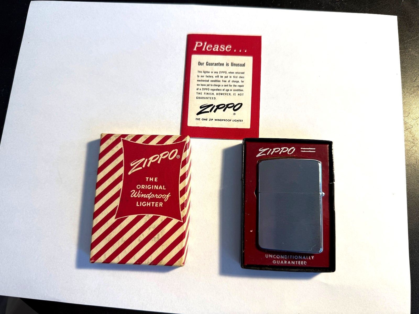 Vintage Zippo Brushed Chrome Lighter w/ Red Stripe Box 1950-1957 MINT NEVER USED
