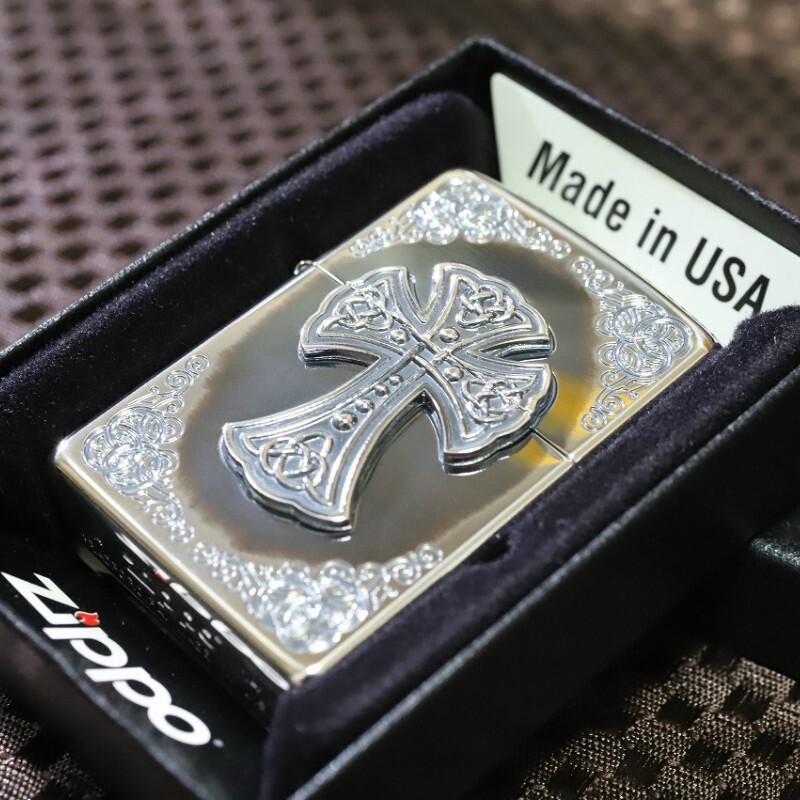 Zippo Oil Lighter Silver Cross Regular Case