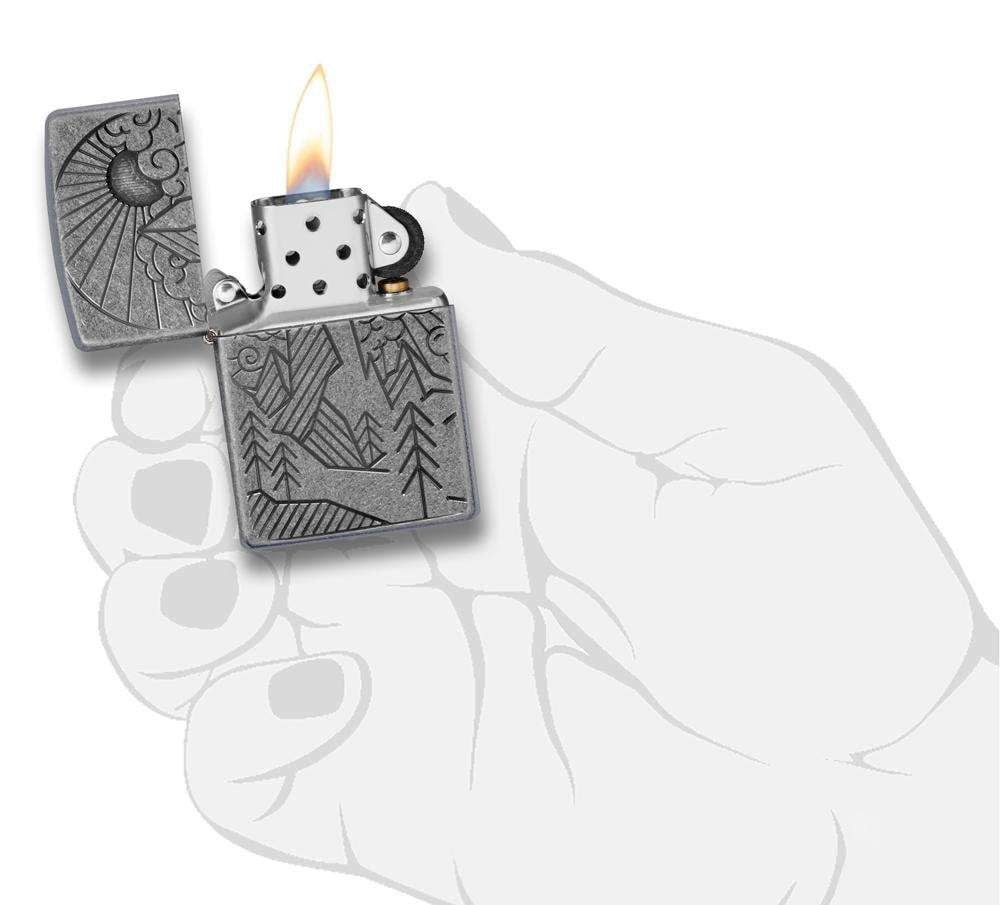 Zippo Armor® Antique Silver Mountain Design Windproof Pocket Lighter, 28973-0…