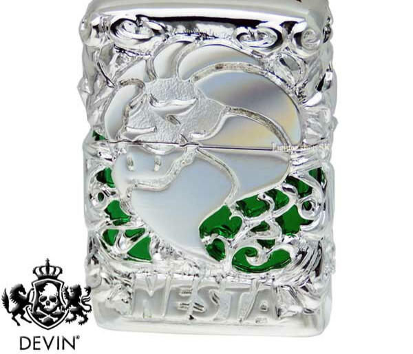 DEVIN Metal Jacket Oil Lighter Nesta Silver Green Gold Insert Made in Japan New
