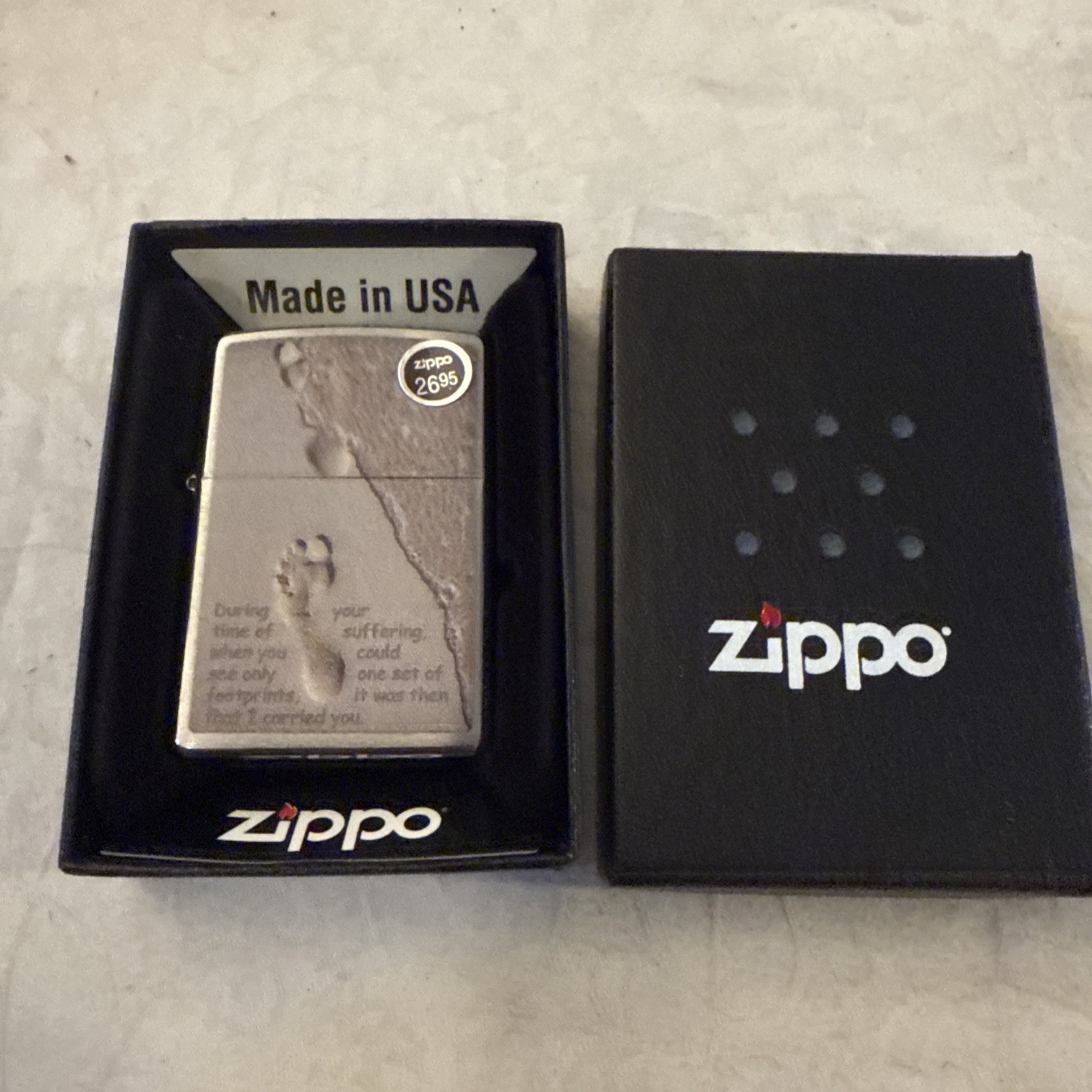 Zippo 28180 Footprints in the Sand Brushed Chrome NIB SEALED ORANGE STICKER