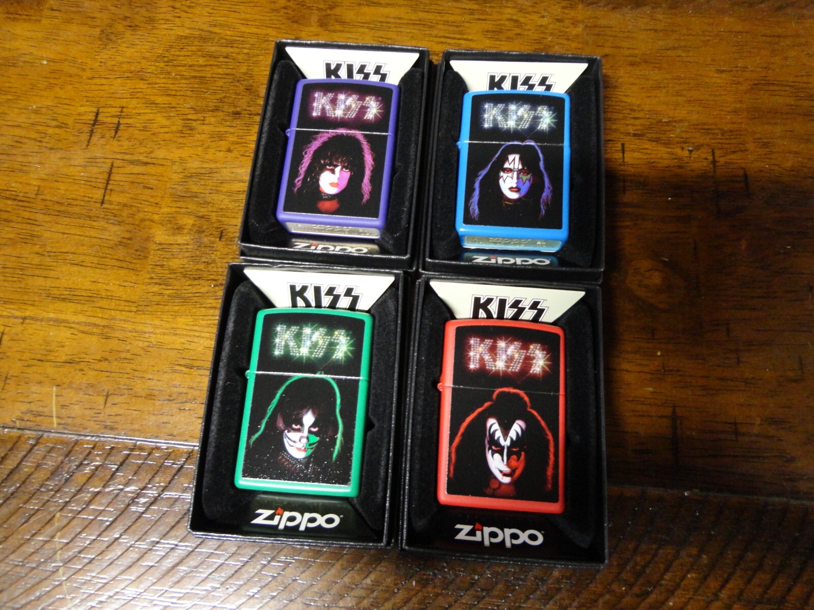 4 PIECE SET KISS DEMON STARCHILD CATMAN SPACE ACE ZIPPO LIGHTERS MINT IN BOXES