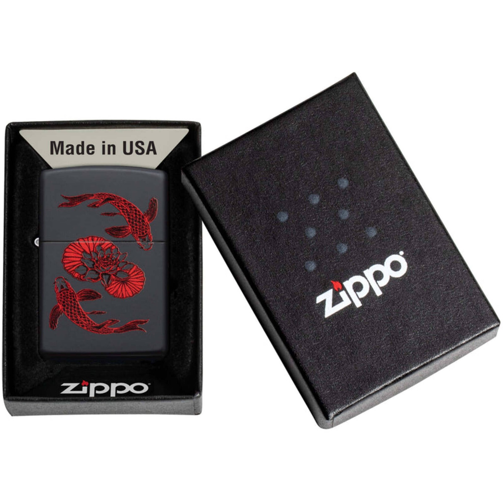 Zippo Windproof Pocket Lighter Koi Fish Design Classic Matte Black Finish 49922