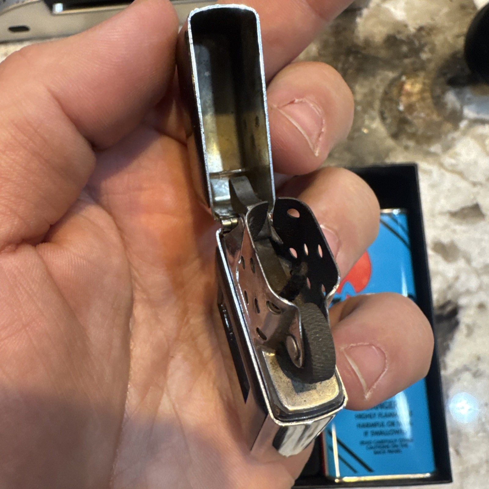 Vintage Ultralite Zippo 1988 Black Chrome Lighter w Flint & Fluid Gift Set