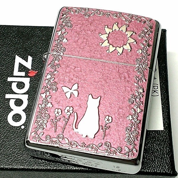 Zippo Oil Lighter Cat Flower Pink Metal Plate Silver Etching Regular Case Japan