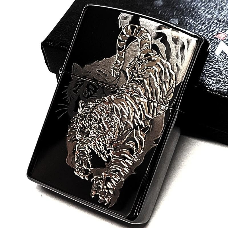 Zippo Tiger Etching Laser Engraving Black Nickel & Silver Regular Lighter Japan