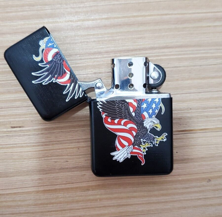 American Flag & Eagle Steel Oil Lighter (Pure Black)