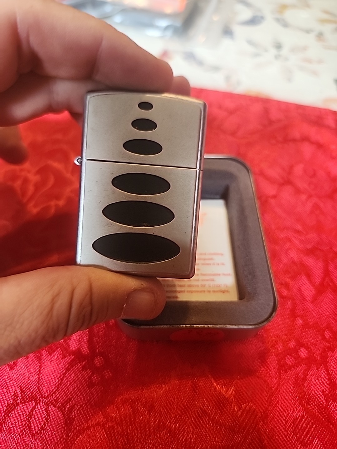 zippo 388 Black Ovals Emblem Satin Chrome NIB Retired 2004