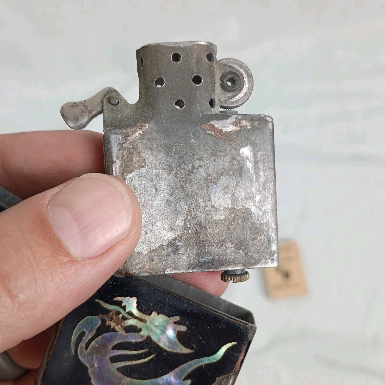 WWII Military 3 Barrel Hinge Zippo Black Crackle Lighter in Box Mother Of Pearl