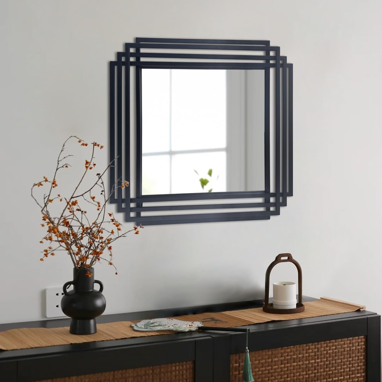 24″x24″ Square Decorative Wall Mirror with Black Metal Frame | Geometric Desi…