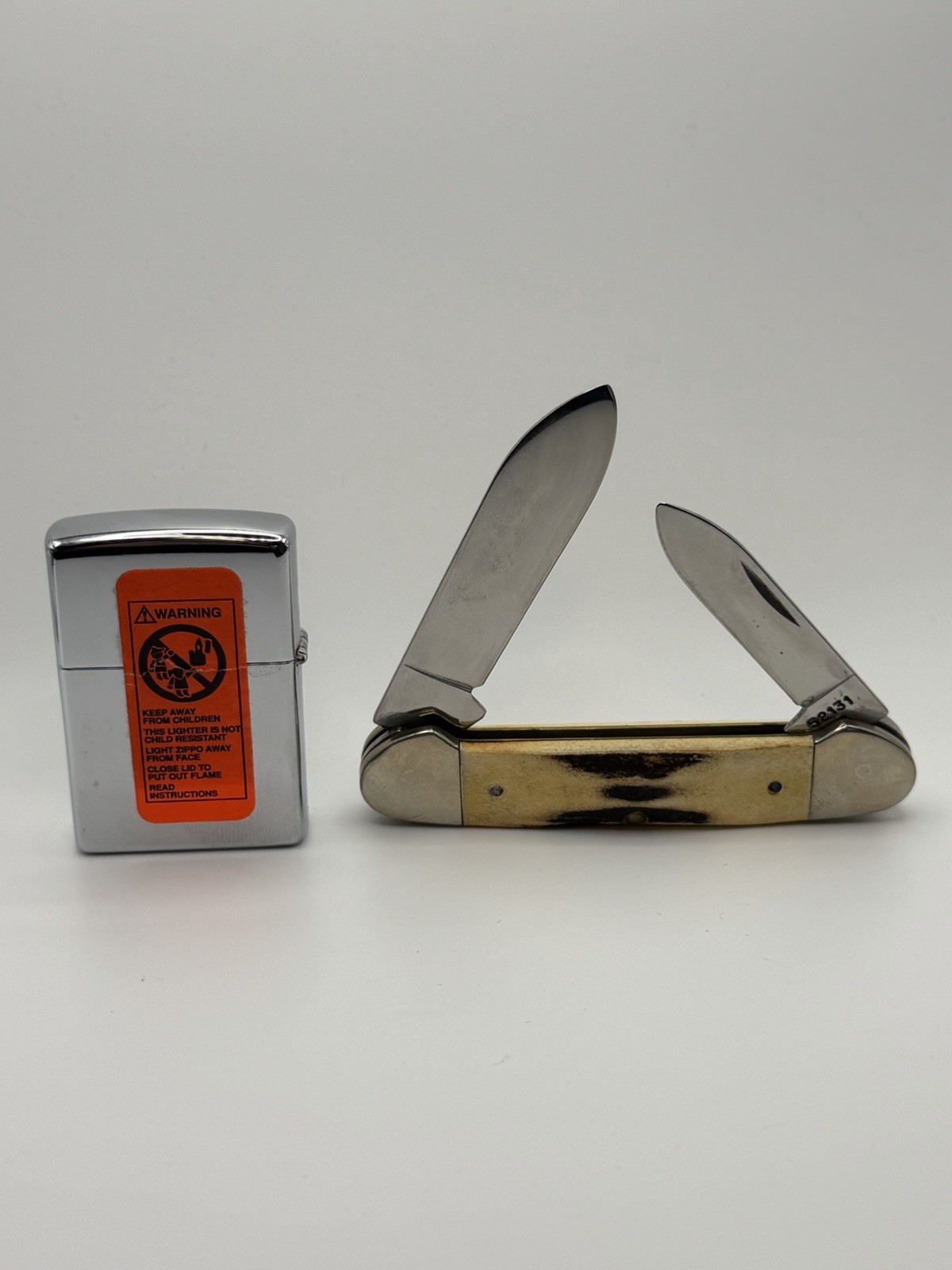 Vintage Camel Case Stag Knife & Motorcycle Zippo Lighter In Wooden Display New