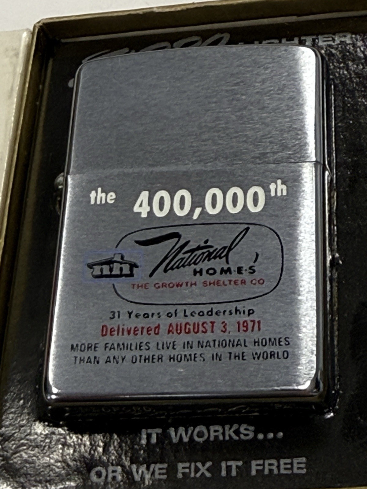 ZIPPO 1971 THE 400,000TH NATIONAL HOMES DOUBLE SIDED LIGHTER UNFIRED IN BOX B20
