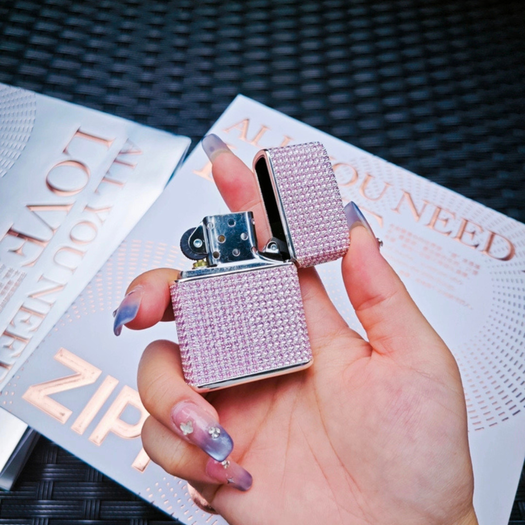 Zippo Lighter with Full Pink Crystal Decoration, Eight-Treasure Compass Design