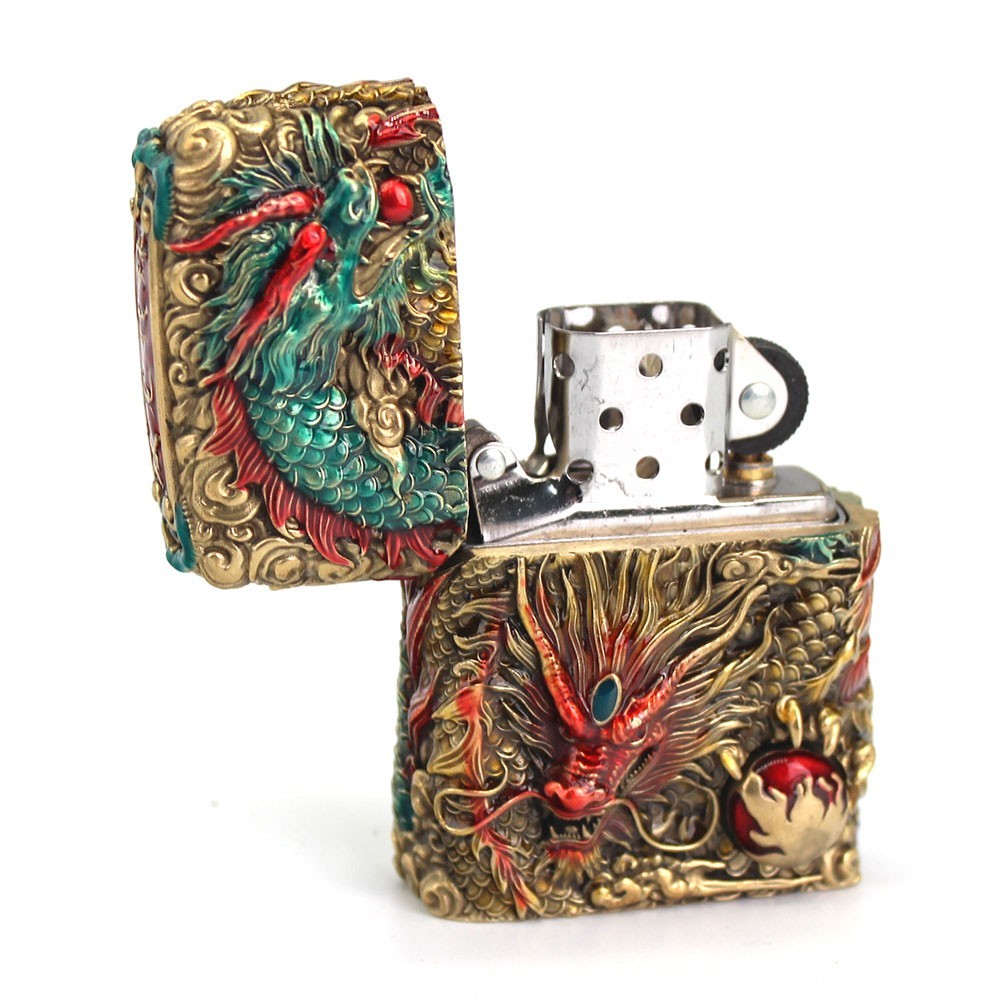 Zippo lighter Asia Full Cover Custom/ 3D Double Dragon Bite Cintamani Wooden Box