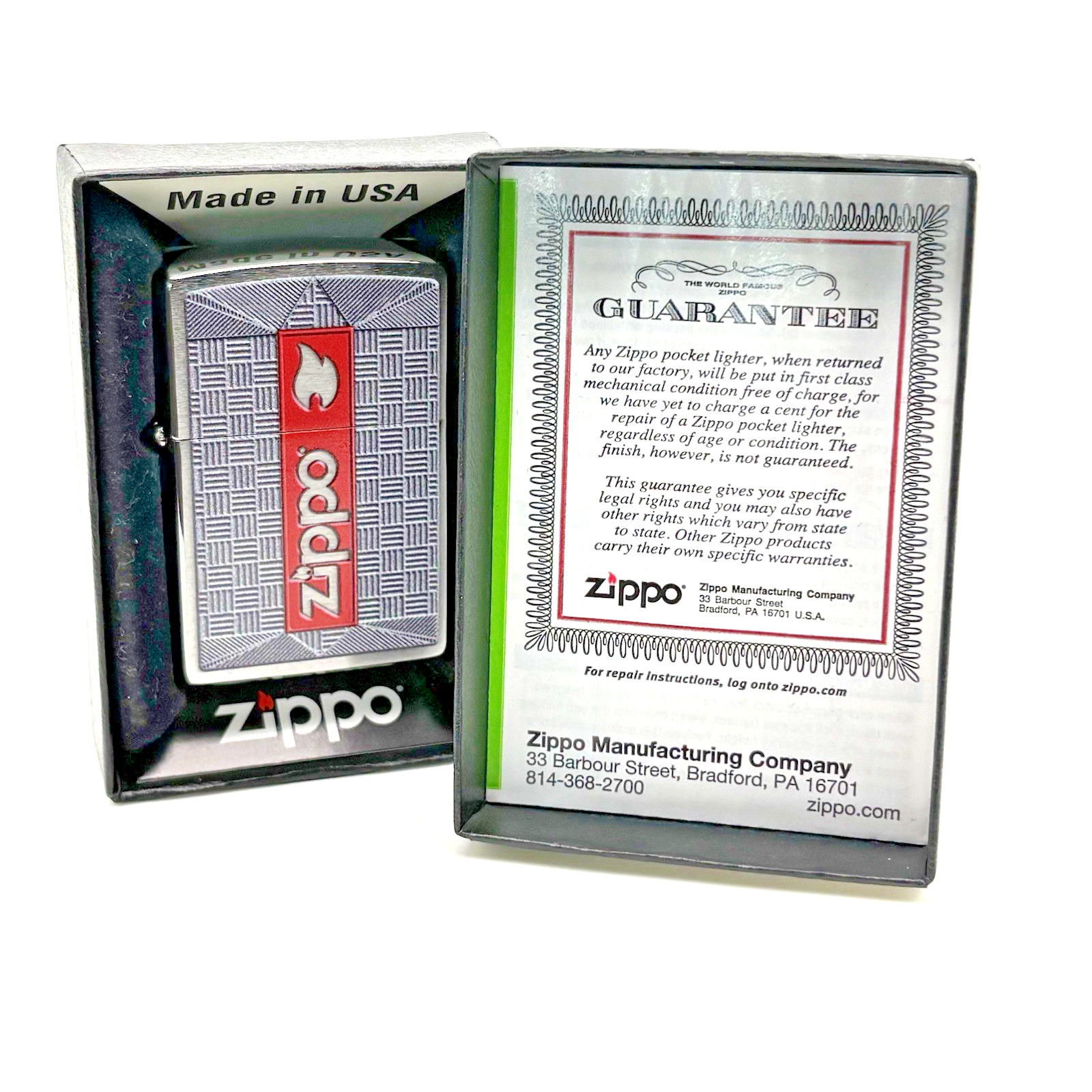 Zippo White Flame Lighter Brushed Chrome Red Emblem 200 Windproof New in Box