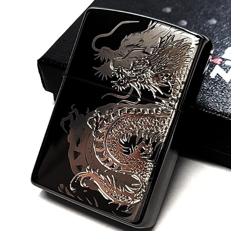 Zippo Dragon Etching Laser Engraving Black Nickel & Silver Regular Lighter Japan
