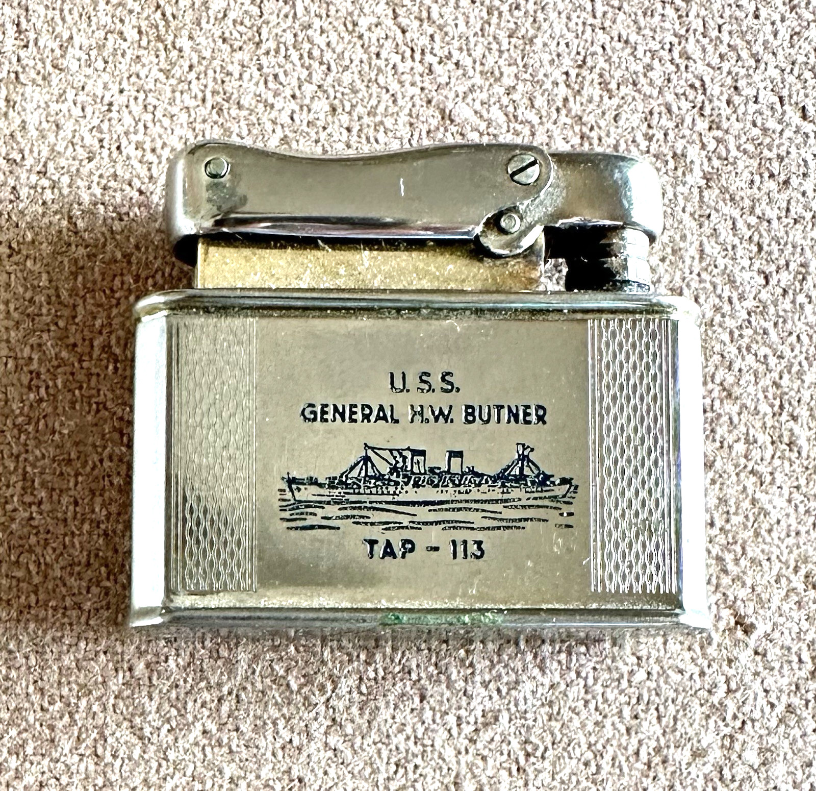 MILITARY IBELO MONOPOL CIGARETTE LIGHTER USS GENERAL H. W. BUTNER TAP 113