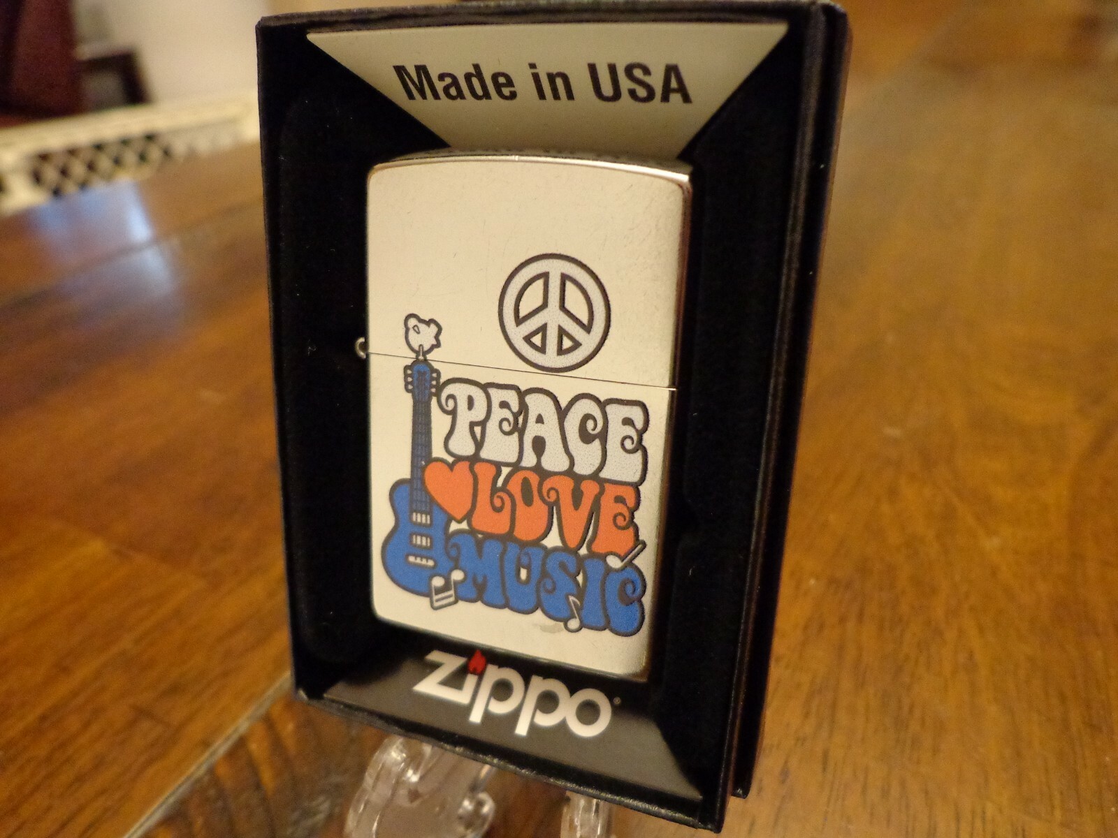 PEACE LOVE AND MUSIC ELECTRIC GUITAR RED WHITE BLUE ZIPPO LIGHTER MINT IN BOX