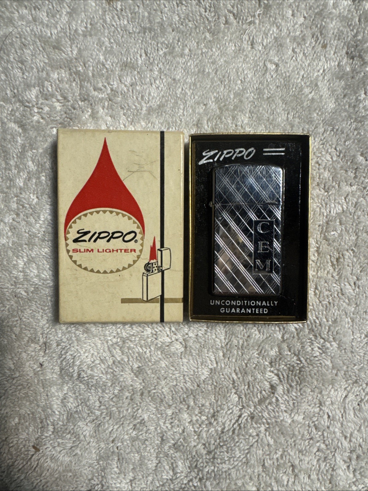 Vintage 1950s Zippo Chrome Slim Lighter Etched & Engraved CEM C.E.M. With Box