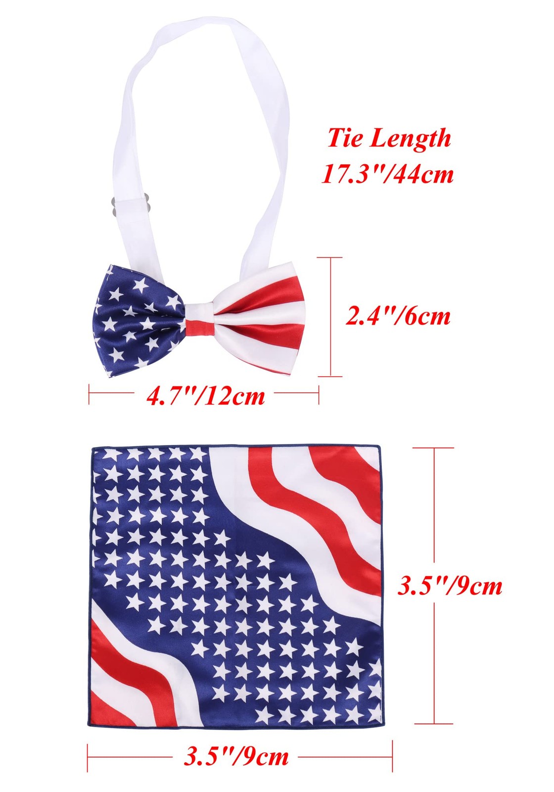 PROCOS Mens American Flag Necktie Bowtie Pokect Square Stars Stripes Patriotic T