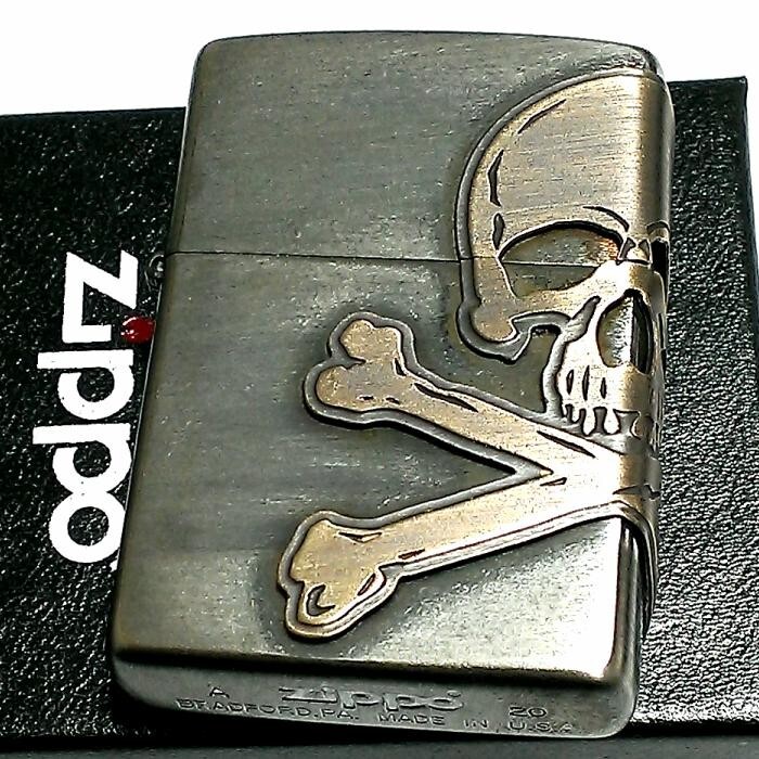 Zippo Skull Metal Cross Bones 3 Sided Processing Antique Brass Lighter Japan