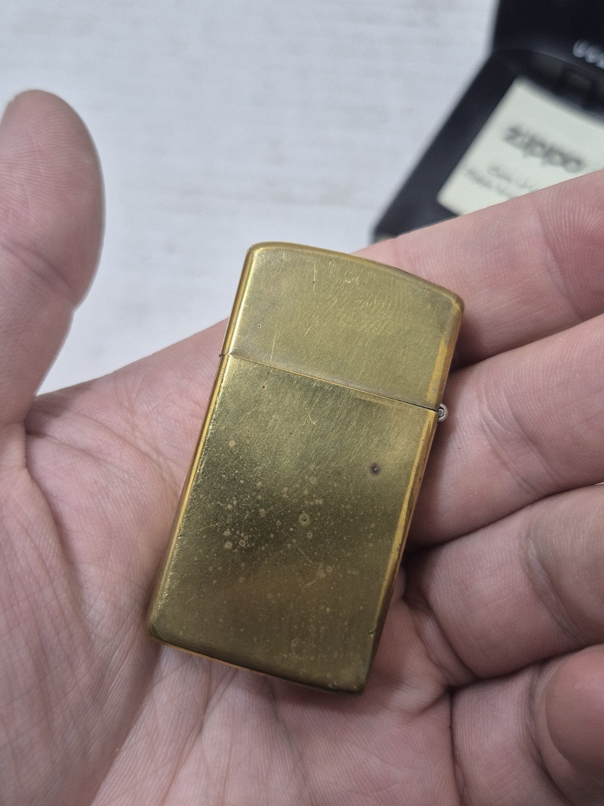 Vintage Zippo Slim Solid Brass Lighter 1932 -1991 w/Plastic Case Used USA SEE